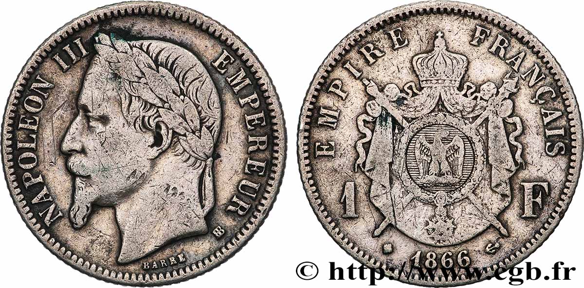 1 franc Napoléon III, tête laurée 1866 Strasbourg F.215/4 TB+ 