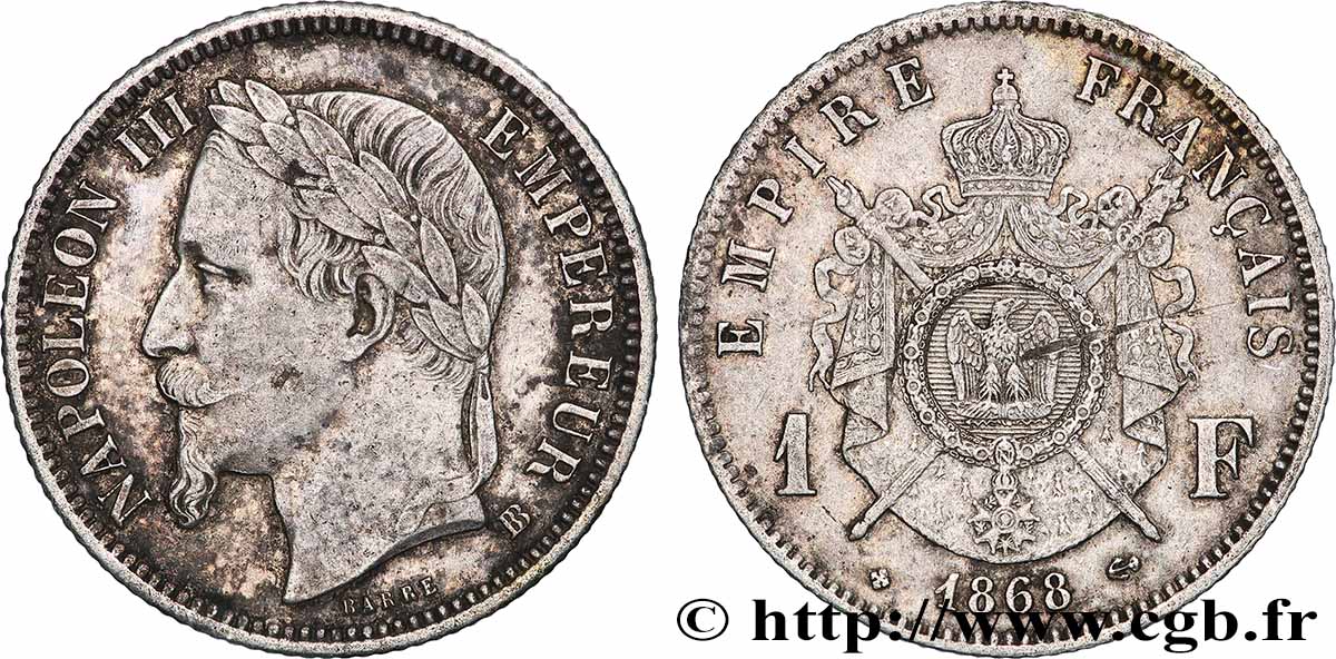 1 franc Napoléon III, tête laurée, Grand BB 1868 Strasbourg F.215/12 AU 