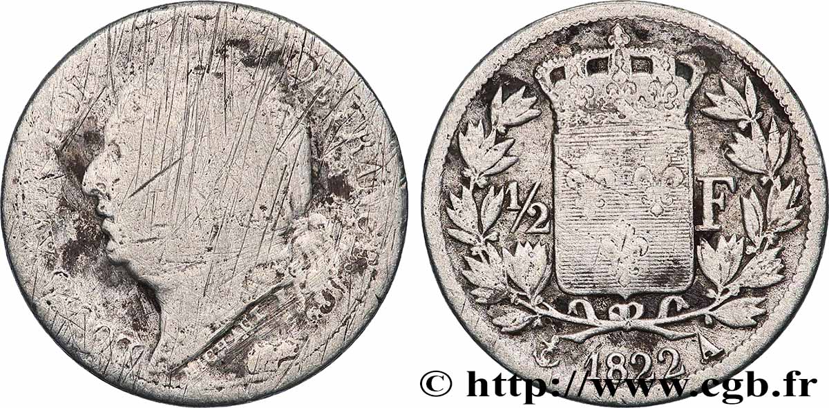 1/2 franc Louis XVIII 1822 Paris F.179/30 AB/B+ 