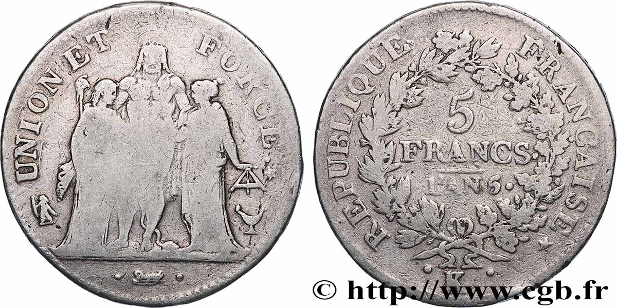 5 francs Union et Force, Union desserré, avec gland intérieur du bas et gland extérieur 1798 Bordeaux F.291/20 B+ 