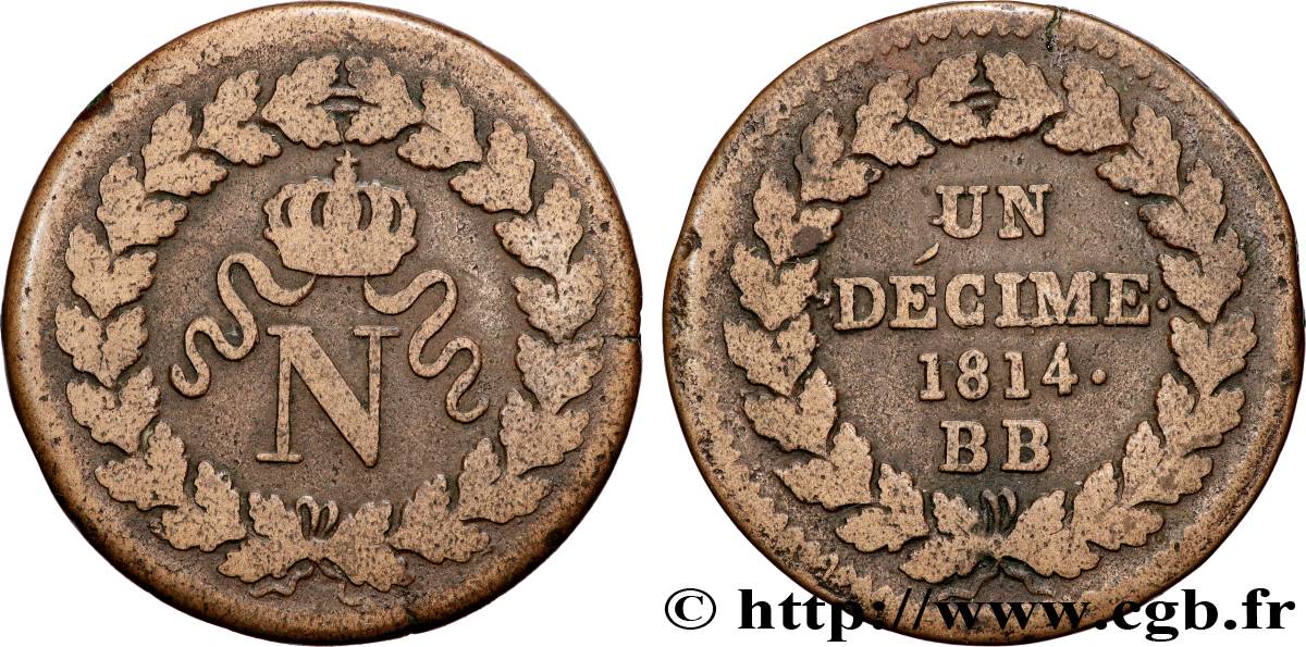 Un décime à l’N couronnée 1814 Strasbourg F.131/3 TB 
