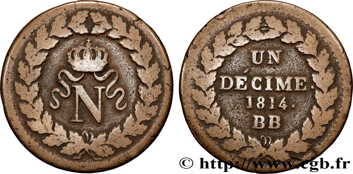 Un décime à l’N couronnée 1814 Strasbourg F.131/3 TB 