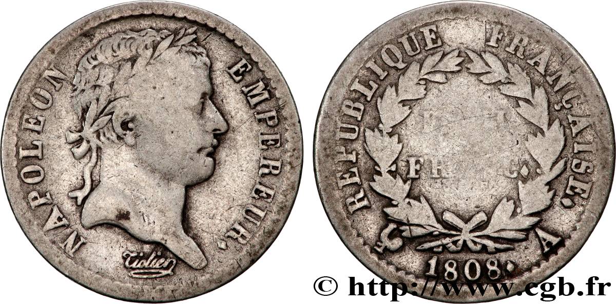 Demi-franc Napoléon Ier tête laurée, République française 1808 Paris F.177/2 B 