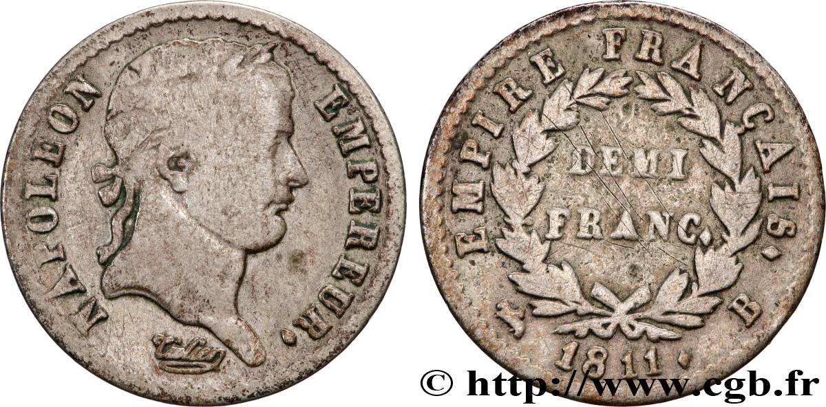 Demi-franc Napoléon Ier tête laurée, Empire français 1811 Rouen F.178/22 VF 