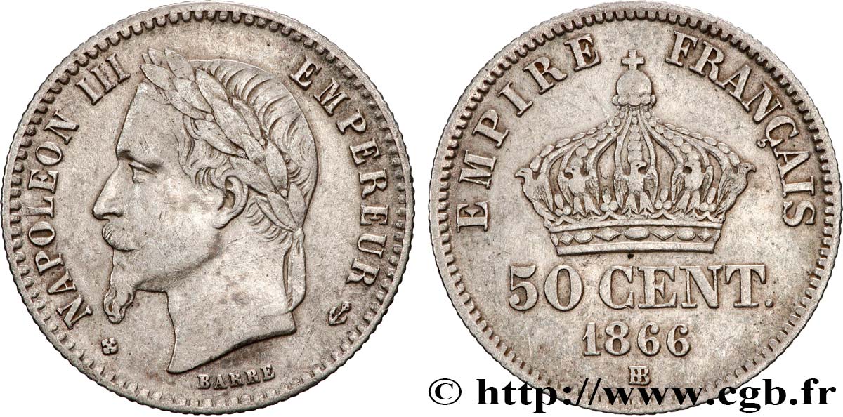 50 centimes Napoléon III, tête laurée 1866 Strasbourg F.188/10 TB 