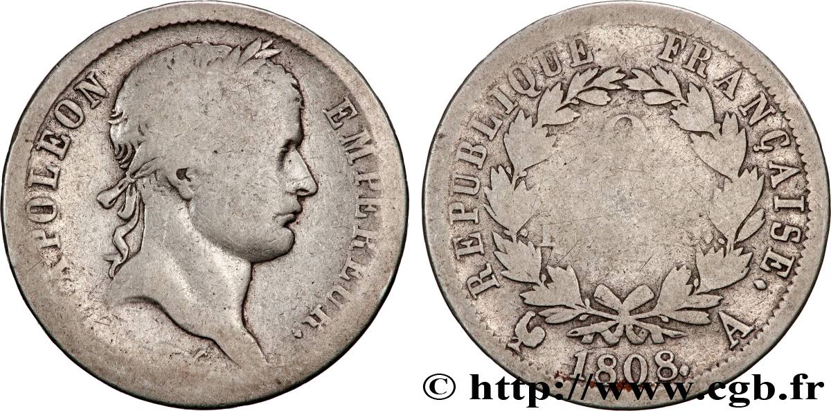 2 francs Napoléon Ier tête laurée, République française 1808 Paris F.254/4 VG 