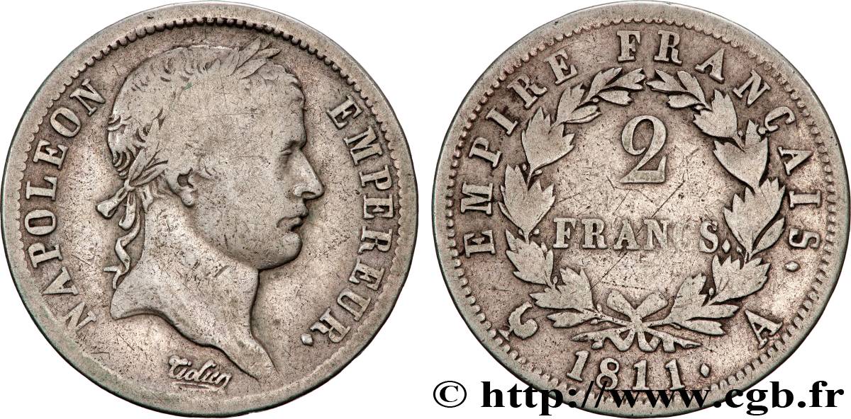 2 francs Napoléon Ier tête laurée, Empire français 1811 Paris F.255/24 B+ 