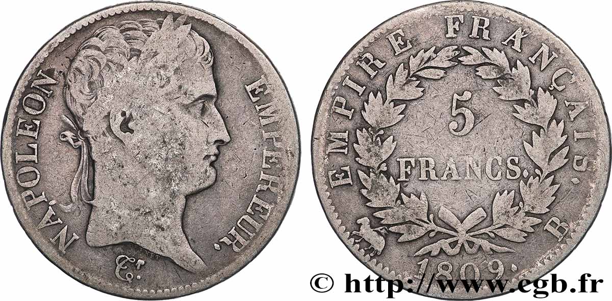 5 francs Napoléon Empereur, Empire français 1809 Rouen F.307/2 TB 