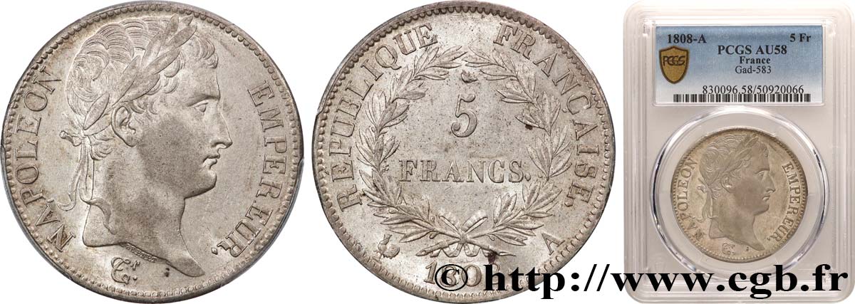 5 francs Napoléon Empereur, République française 1808 Paris F.306/2 AU58 PCGS