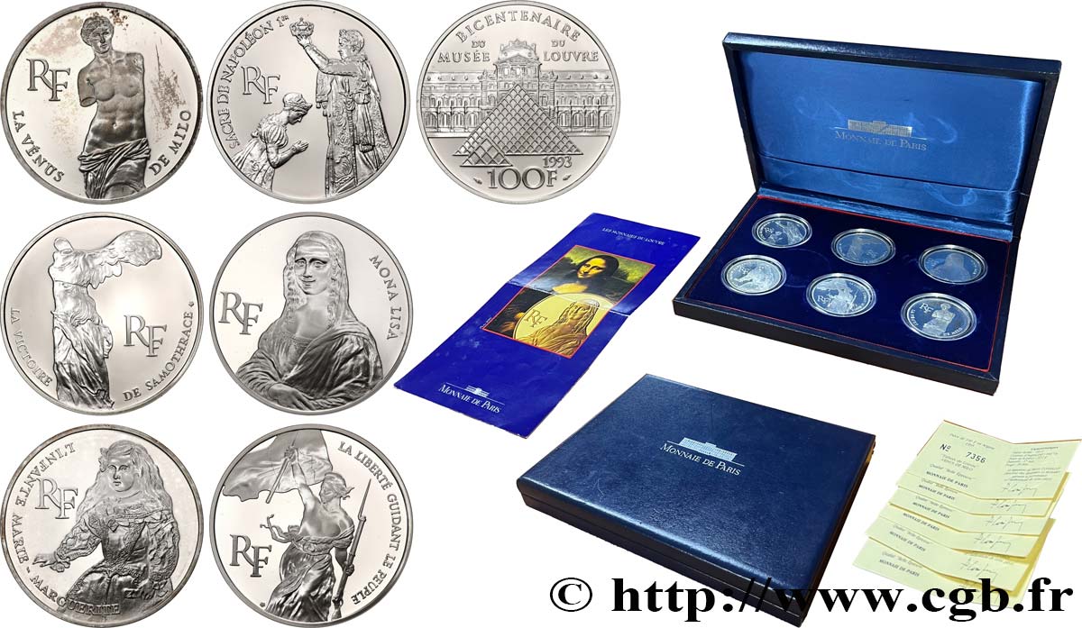 Coffret des six 100 francs Belle Épreuve - Bicentenaire du Musée du Louvre 1993 Pessac F5.1621 1622 1623 1624 1625 1626 2 FDC 