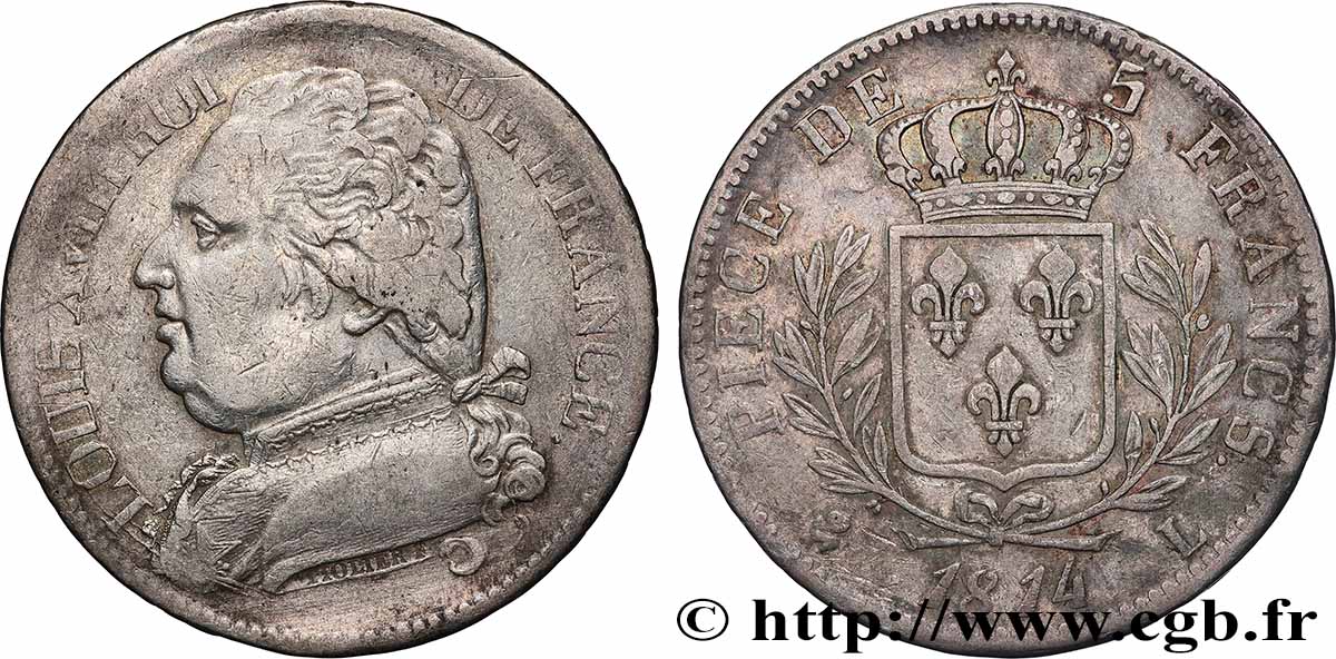 5 francs Louis XVIII, buste habillé 1814 Bayonne F.308/8 TB+ 