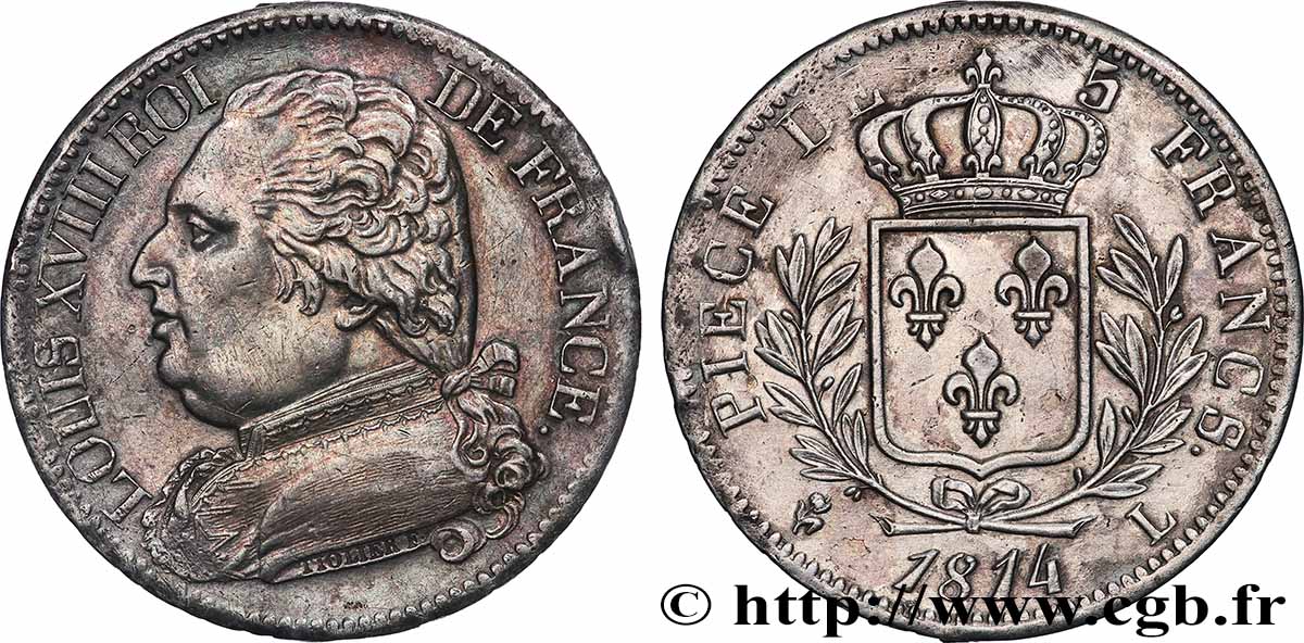 5 francs Louis XVIII, buste habillé 1814 Bayonne F.308/8 SUP 