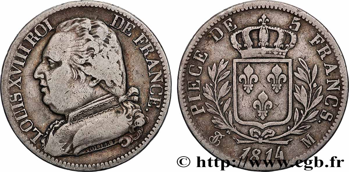 5 francs Louis XVIII, buste habillé 1814 Toulouse F.308/9 VF 