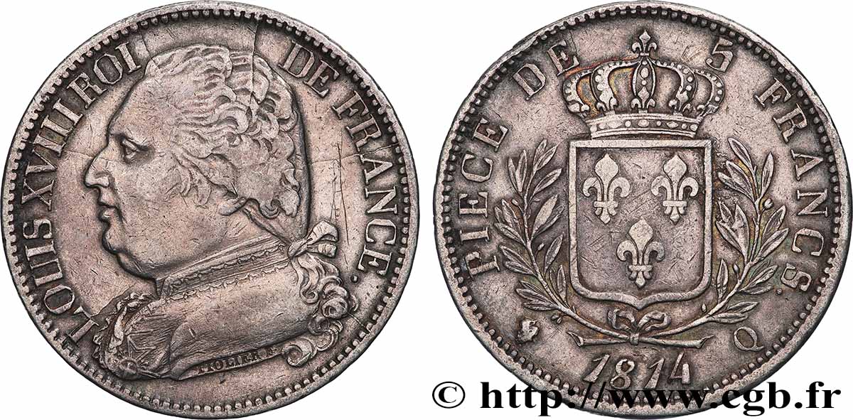 5 francs Louis XVIII, buste habillé 1814 Perpignan F.308/11 TTB 