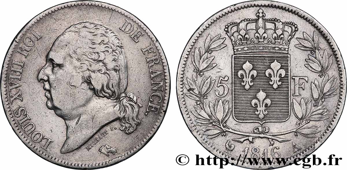 5 francs Louis XVIII, tête nue 1816  Paris F.309/1 TB 