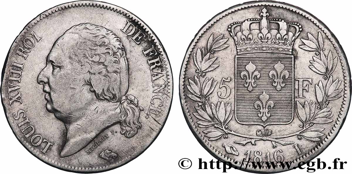 5 francs Louis XVIII, tête nue 1816 Limoges F.309/6 TB 