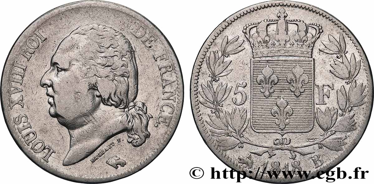 5 francs Louis XVIII, tête nue 1818 Rouen F.309/29 TB 