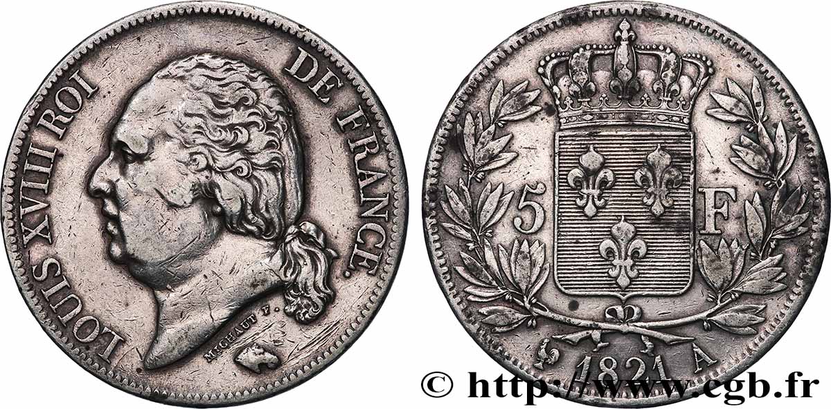 5 francs Louis XVIII, tête nue 1821 Paris F.309/60 TTB 
