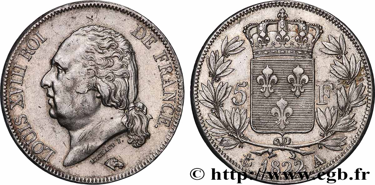 5 francs Louis XVIII, tête nue 1822 Paris F.309/68 AU 