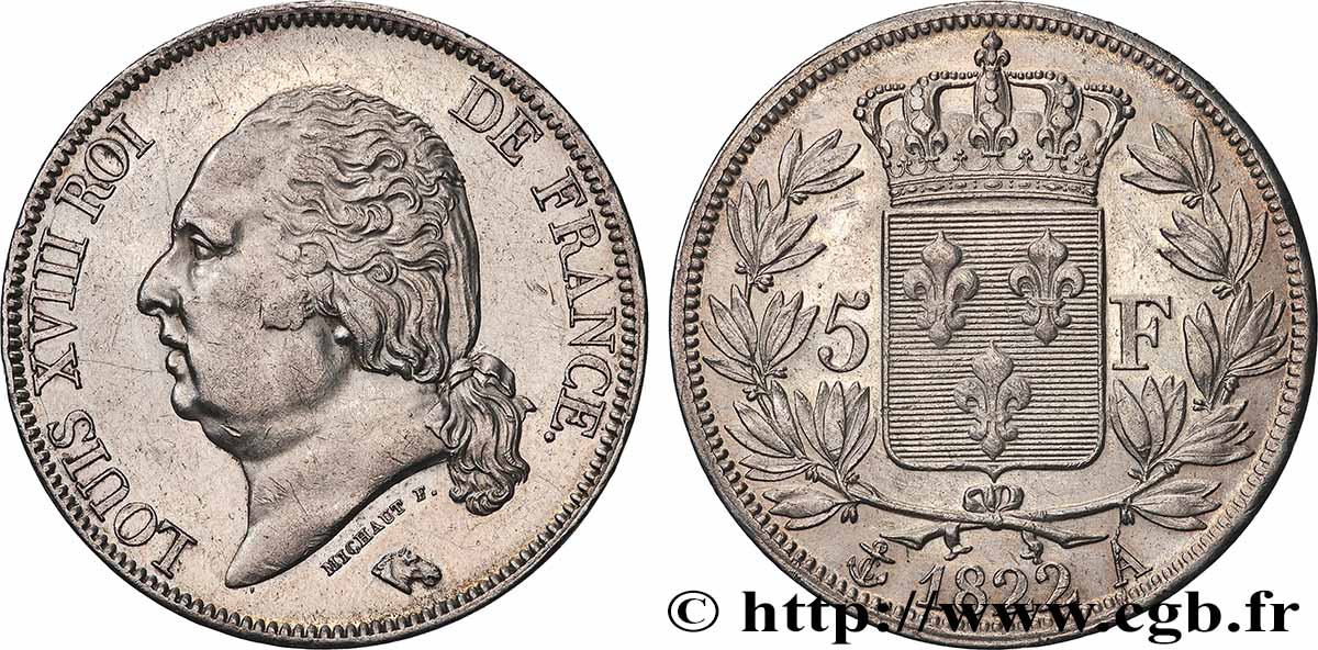 5 francs Louis XVIII, tête nue 1822 Paris F.309/68 AU 