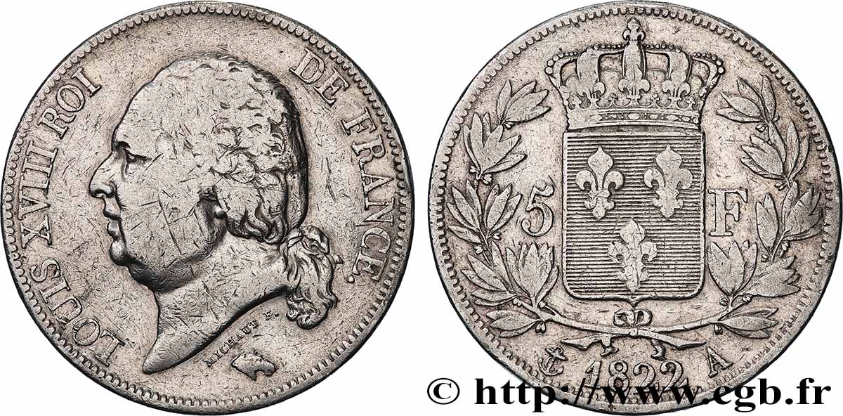 5 francs Louis XVIII, tête nue 1822 Paris F.309/68 VF 