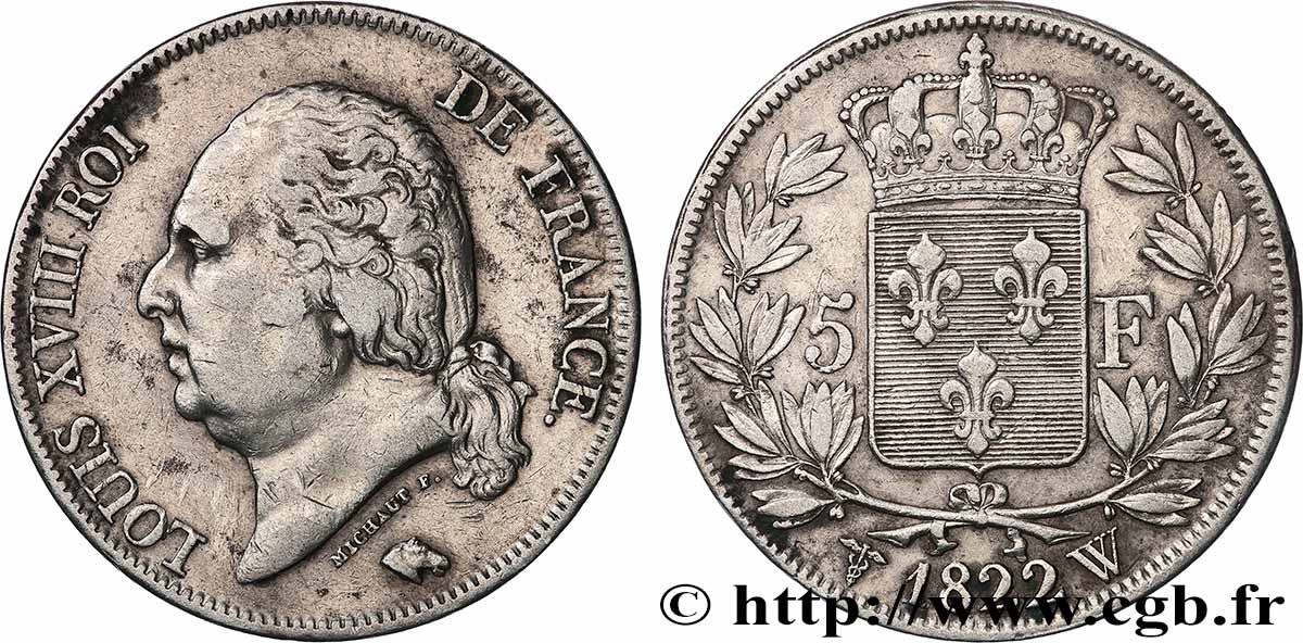 5 francs Louis XVIII, tête nue 1822 Lille F.309/75 TTB 