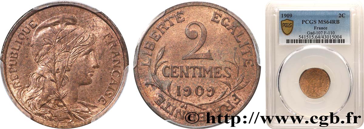 2 centimes Daniel-Dupuis 1909 Paris F.110/12 SPL64 PCGS