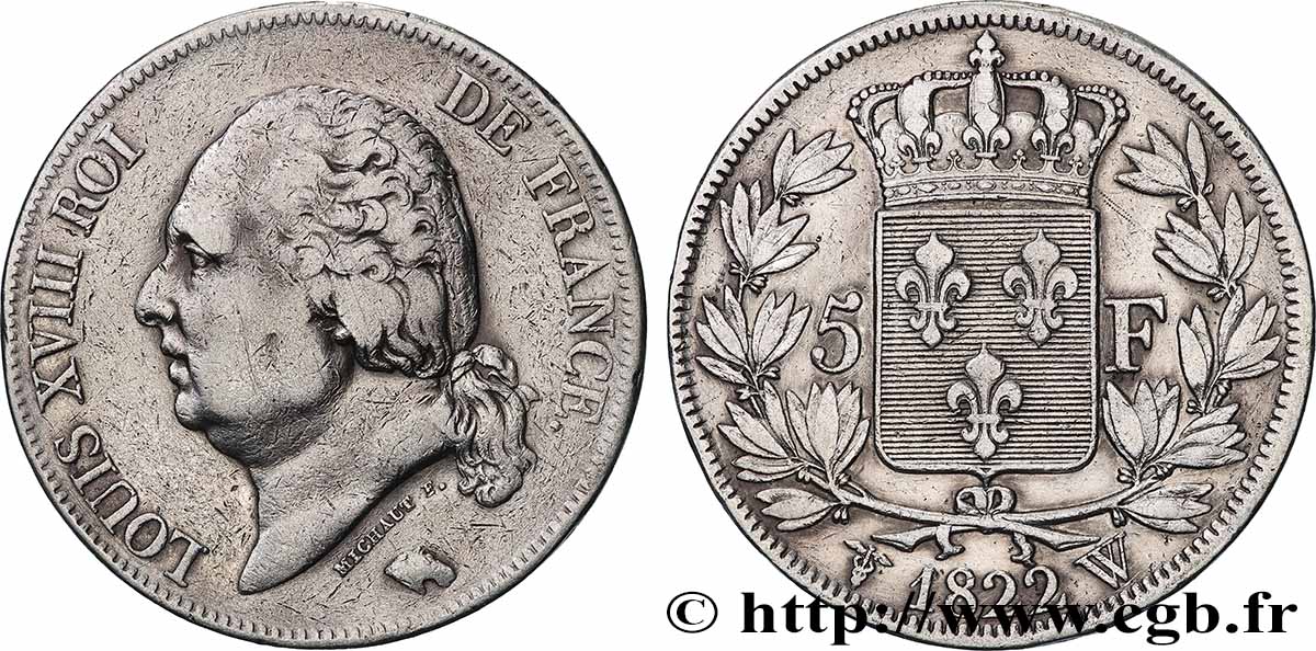 5 francs Louis XVIII, tête nue 1822 Lille F.309/75 TB 