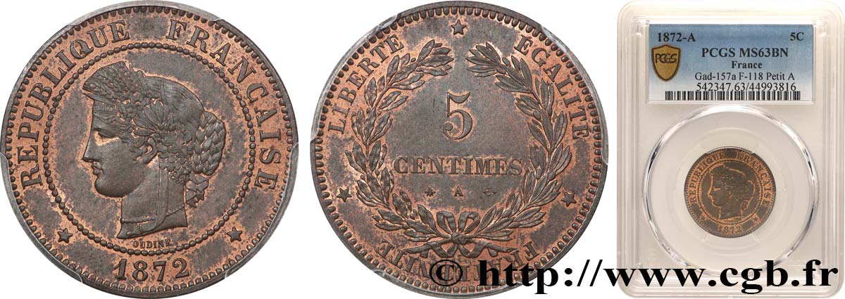 5 centimes Cérès, petit A 1872 Paris F.118/5 SPL63 PCGS
