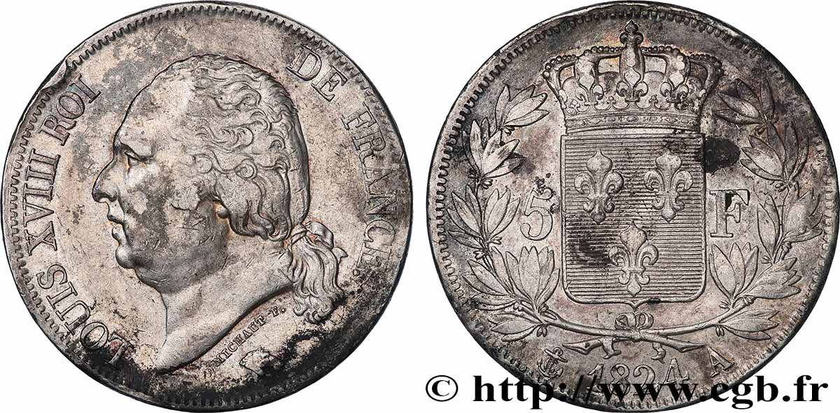 5 francs Louis XVIII, tête nue 1824 Paris F.309/88 TB+ 