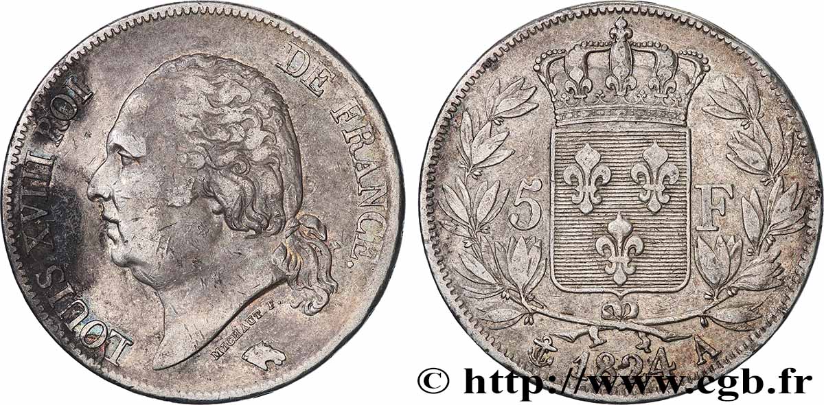 5 francs Louis XVIII, tête nue 1824 Paris F.309/88 VF 