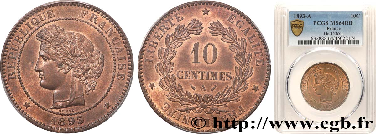 10 centimes Cérès 1893 Paris F.135/38 SPL64 PCGS