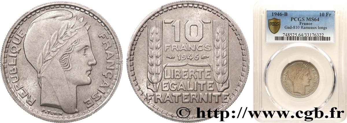 10 francs Turin, grosse tête, rameaux longs 1946 Beaumont-Le-Roger F.361/4 SPL64 PCGS