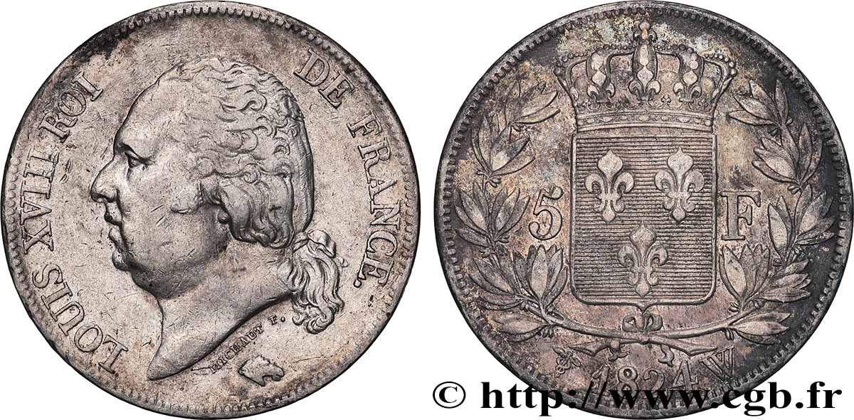 5 francs Louis XVIII, tête nue 1824 Lille F.309/98 TB+ 