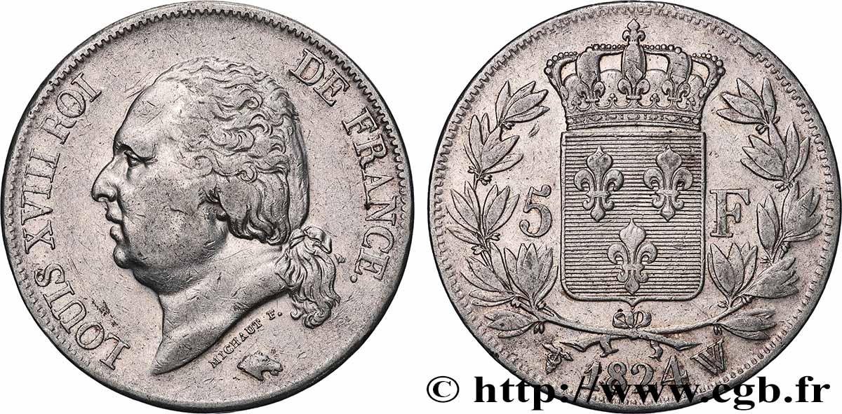 5 francs Louis XVIII, tête nue 1824 Lille F.309/98 VF 