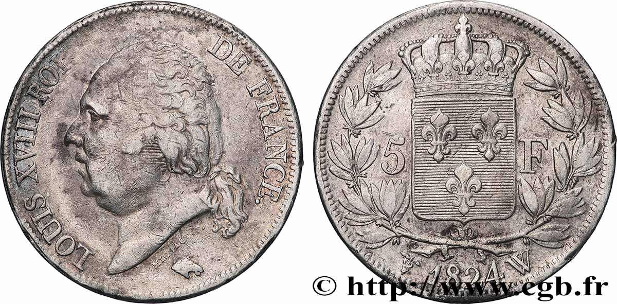 5 francs Louis XVIII, tête nue 1824 Lille F.309/98 VF 