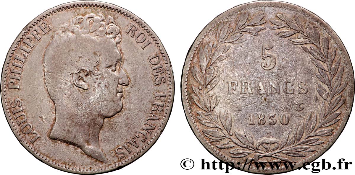 5 francs type Tiolier sans le I, tranche en relief 1830  Paris F.314/1 TB 