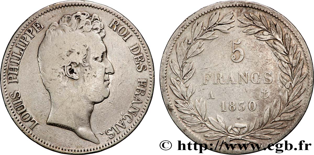5 francs type Tiolier sans le I, tranche en relief 1830  Paris F.314/1 TB 