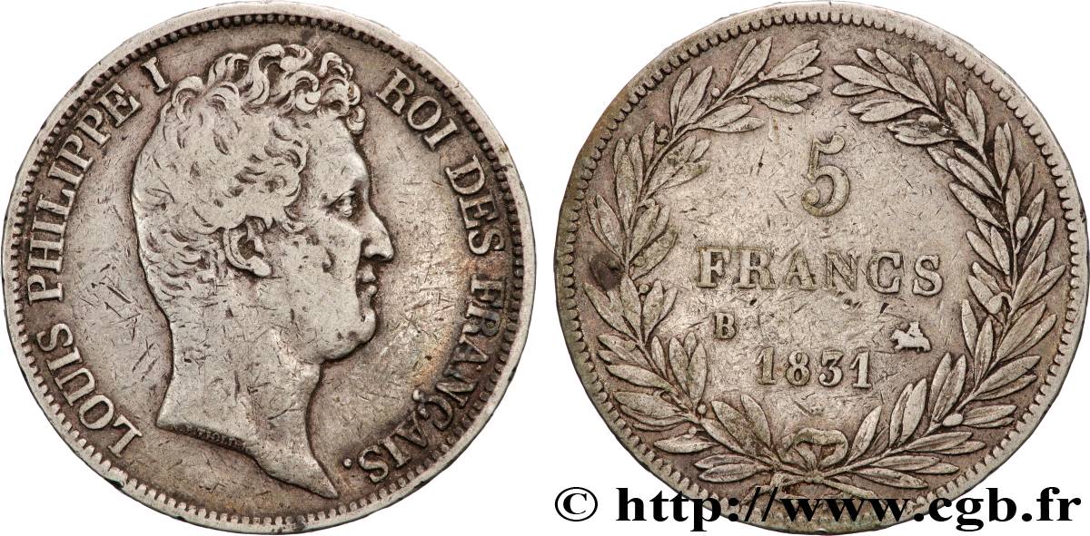 5 francs type Tiolier avec le I, tranche en relief 1831 Rouen F.316/3 BC 