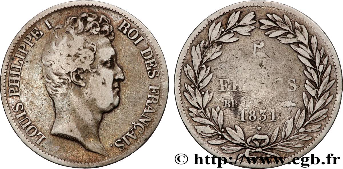 5 francs type Tiolier avec le I, tranche en creux 1831 Strasbourg F.315/16 TB 