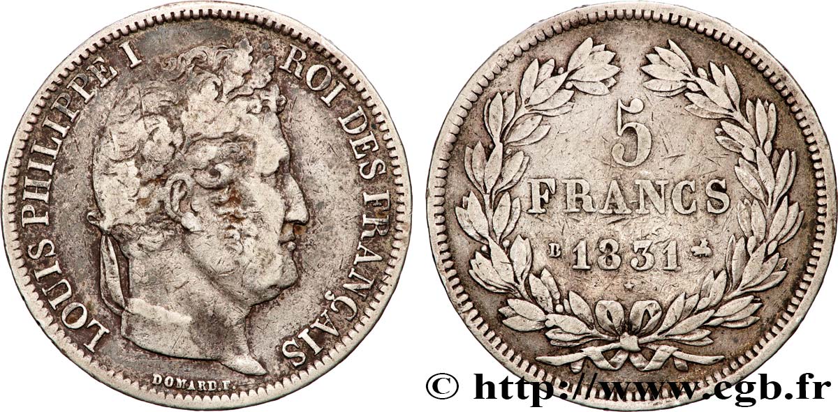5 francs Ier type Domard, tranche en relief 1831 Rouen F.320/2 TB+ 