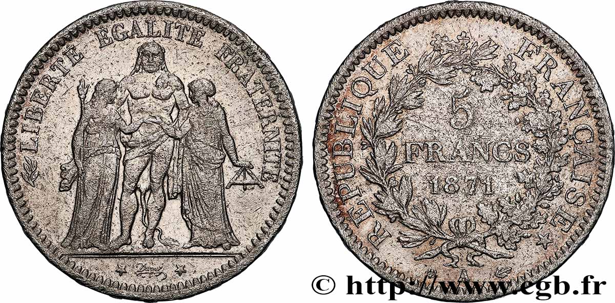 5 francs Hercule, dite “Camélinat” 1871 Paris F.334/3 TB 