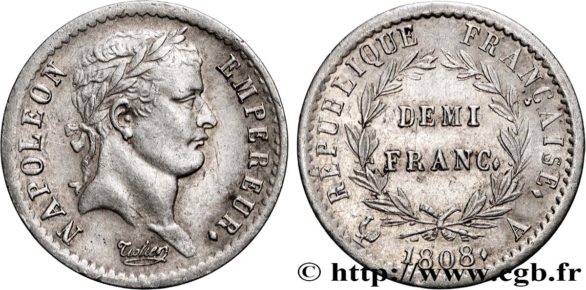 Demi-franc Napoléon Ier tête laurée, République française 1808 Paris F.177/2 TTB 