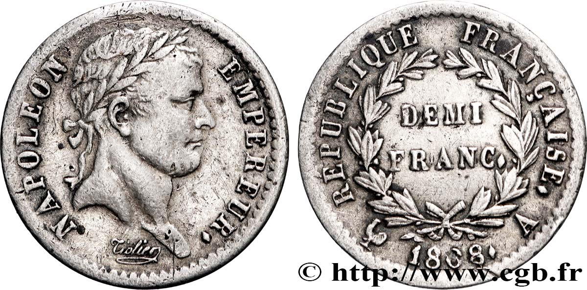 Demi-franc Napoléon Ier tête laurée, République française 1808 Paris F.177/2 TTB 