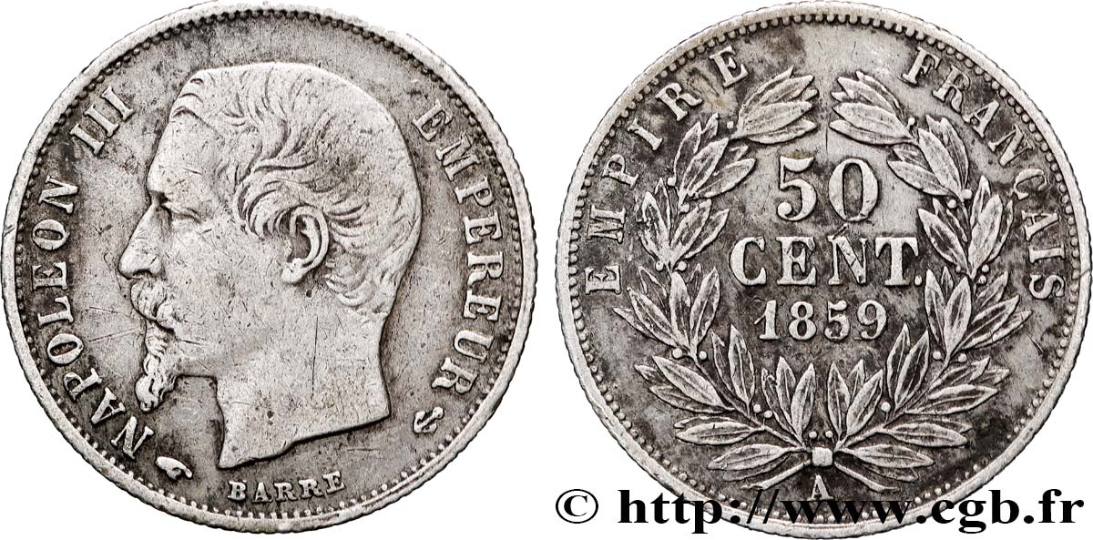 50 centimes Napoléon III, tête nue 1859 Paris F.187/10 TB+ 