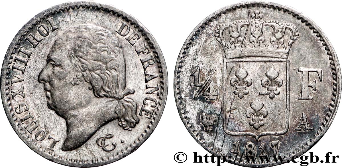 1/4 franc Louis XVIII  1817 Paris F.163/1 SUP 