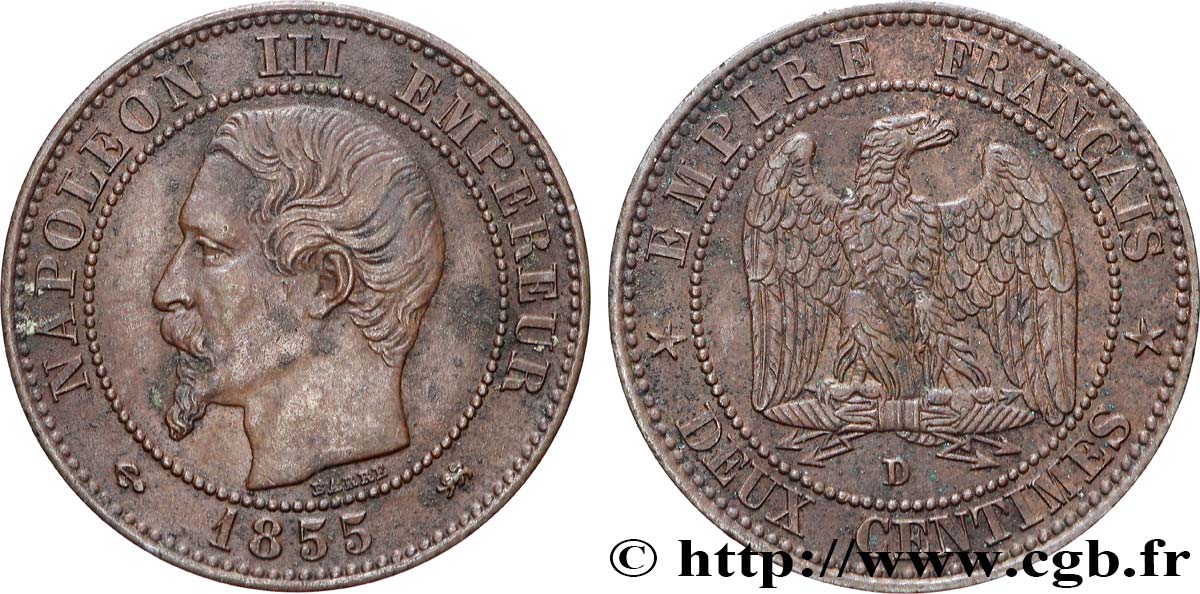 Deux centimes Napoléon III, tête nue 1855 Lyon F.107/32 fVZ 