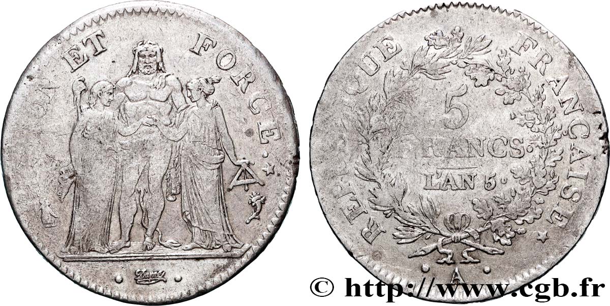 5 francs Union et Force, Union desserré, avec glands intérieurs et gland extérieur 1797 Paris F.291/3 TB 