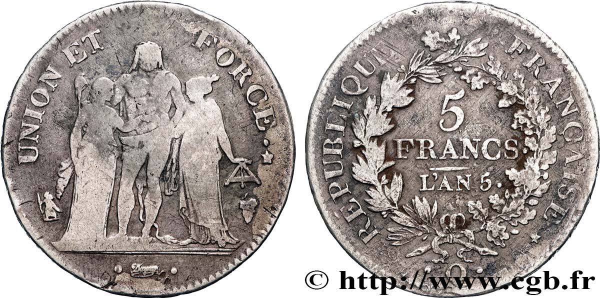 5 francs Union et Force, Union serré, seulement gland extérieur 1797 Perpignan F.288/26 TB 