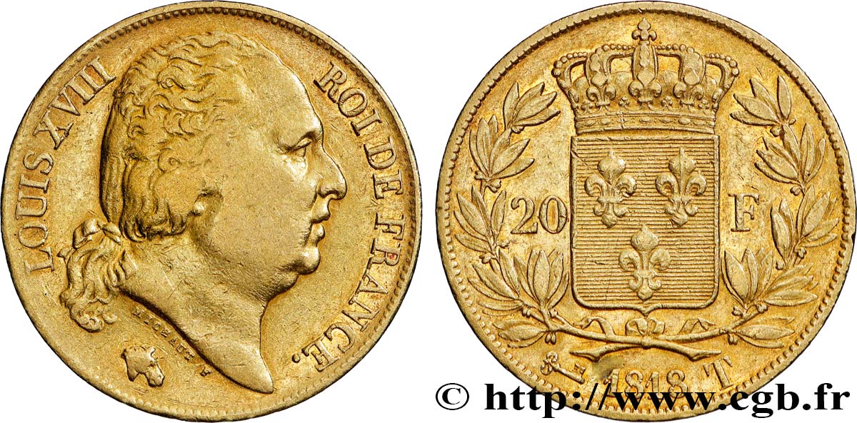 20 francs or Louis XVIII, tête nue 1818 Nantes F.519/13 TB+ 